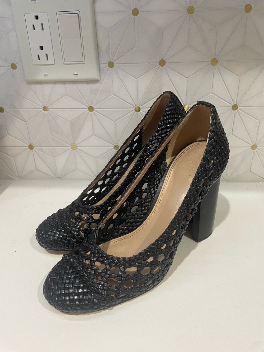 Tory Burch Black Woven Block Heel Pumps
